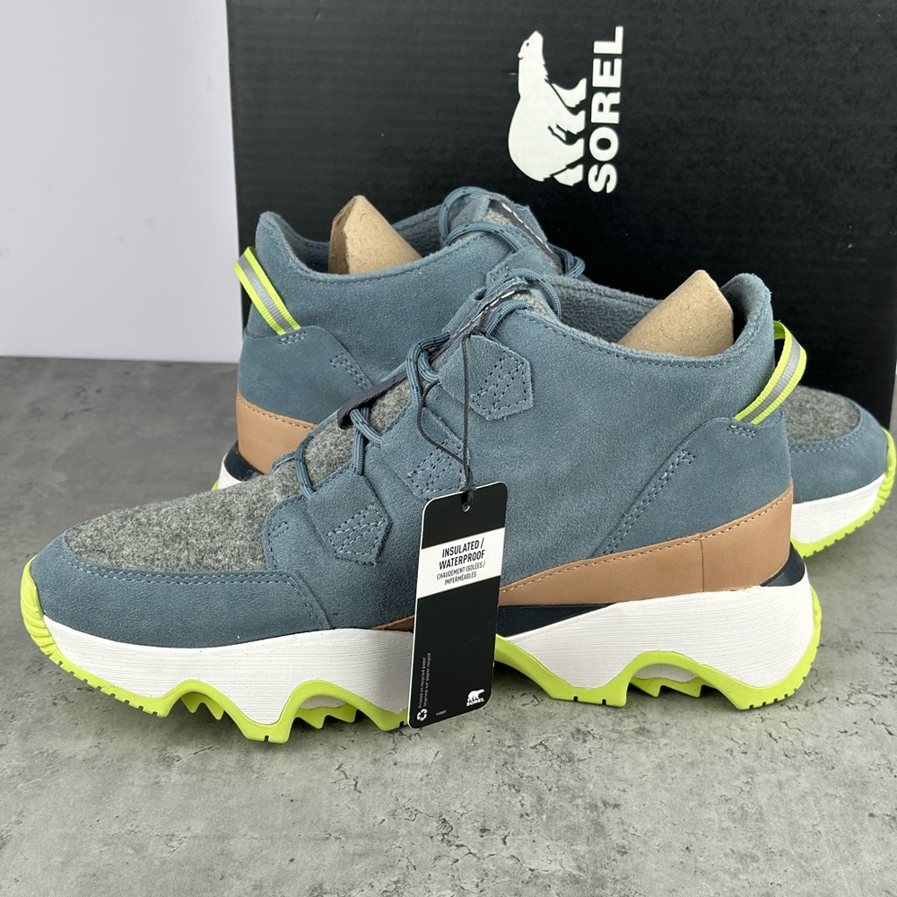 Sorel Blue Suede & Gray Wool Lace-Up Winter Boots with Neon Green Accents - Picture 4 of 7